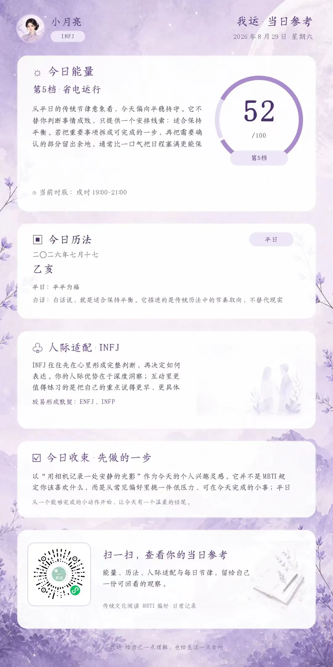 我运当日参考页，展示能量、历法、人际偏好和今日行动