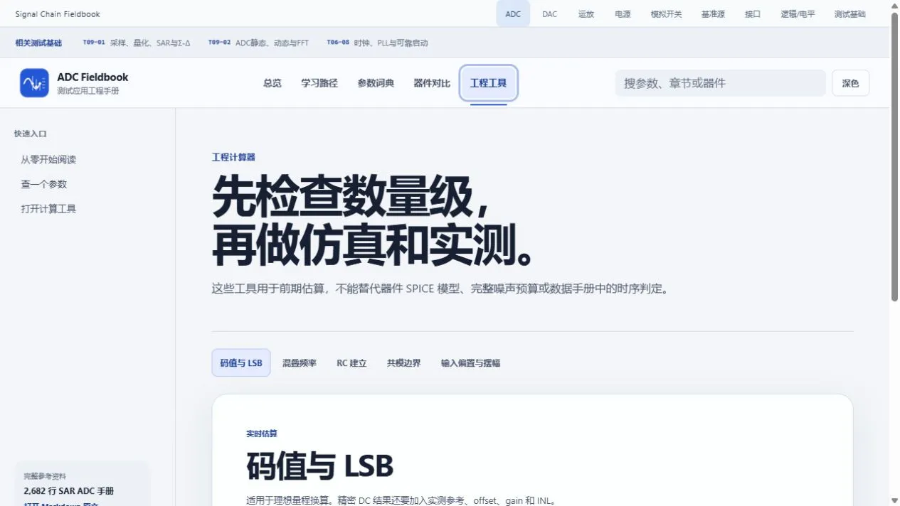 ADC 工程工具页,先进行码值与 LSB 等数量级估算,再进入仿真与实测
