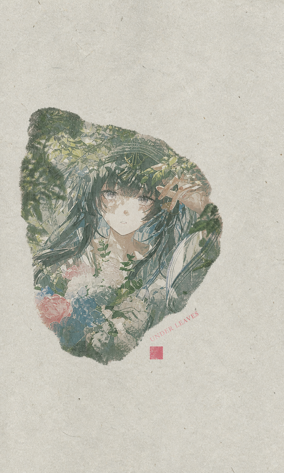 绿叶和纸面拼贴间的温暖人物插画